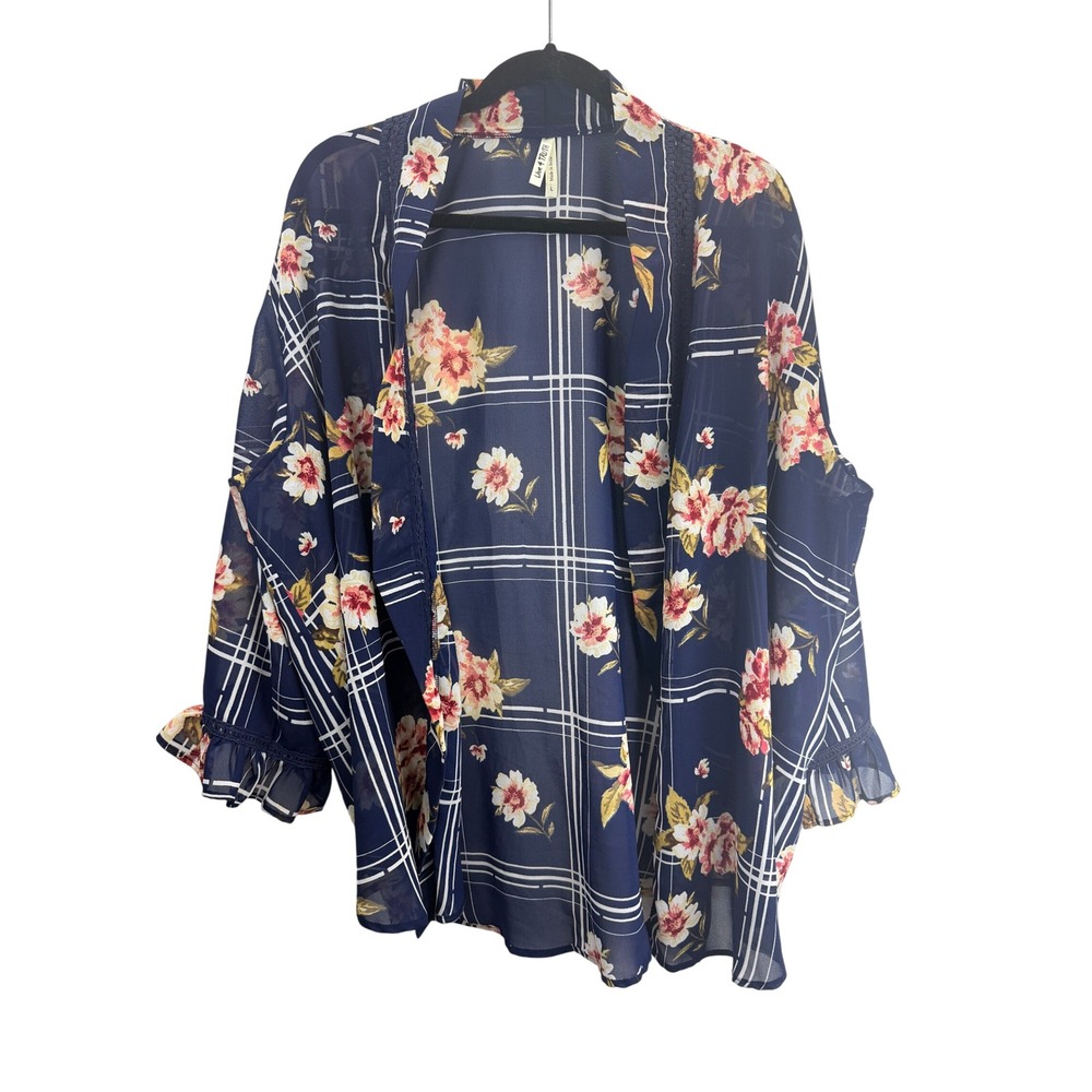 Live 4 Truth Navy Floral‎ Plaid Chiffon Kimono Cardigan Boho Ruffle Sleeve L